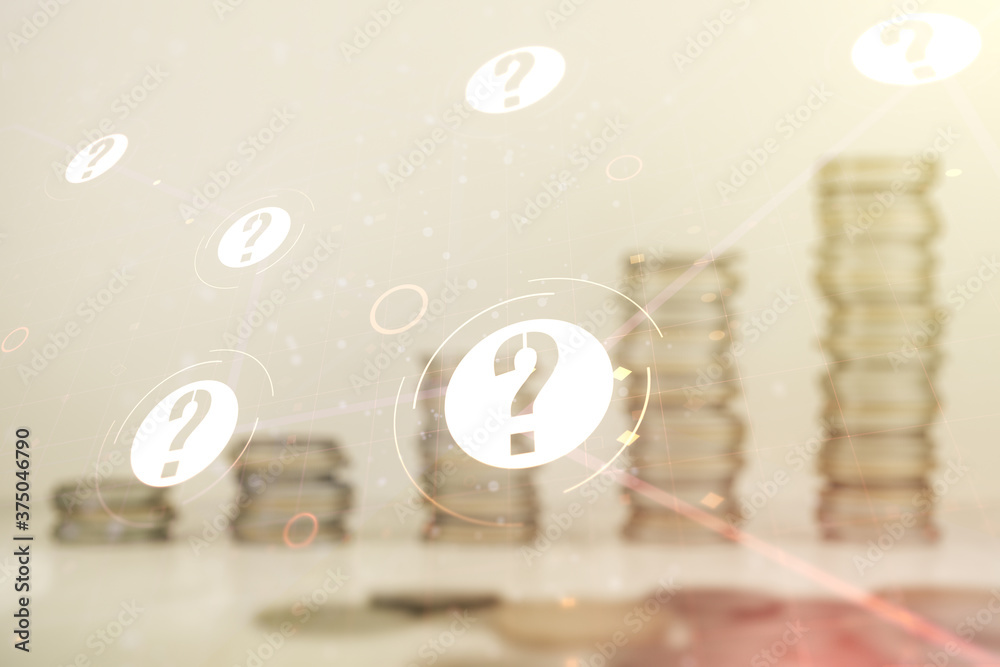 Aufkleber double exposure of abstract virtual question mark hologram on growing stacks of coins background. so