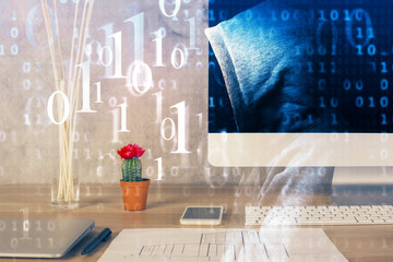 Double exposure of desktop with computer on background and tech theme drawing. Concept of big data.