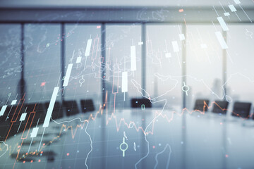 Multi exposure of abstract financial diagram and world map on a modern furnished office interior background, banking and accounting concept