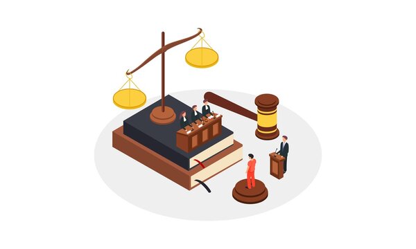 Law justice isometric composition with small people characters books of law gavel and golden weight vector illustration
