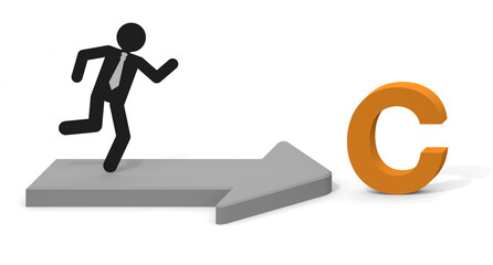 The letter C. Three-dimensional arrow. Businessman running. Select C course.