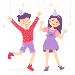 Party greeting card with girl and boy. Children are waving by hands, dance and jumps. Welcome sign for the party. Birthday invitation. Illustration in cartoon style