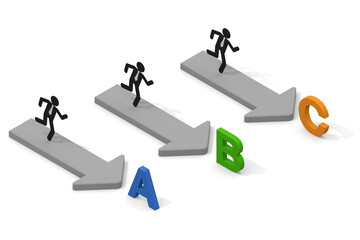 The letters A, B and C. Three arrows. Three businessmen. 3 courses. Businessman running.