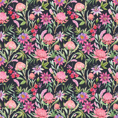 Beautiful seamless floral pattern with watercolor summer passionflower and waratah protea flowers. Stock illustration.