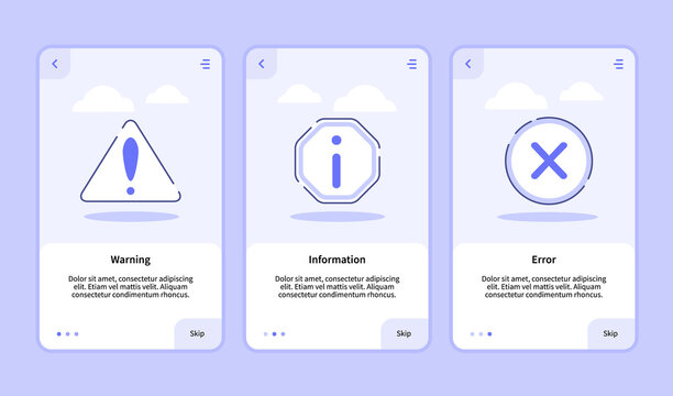 Warning information error onboarding screen for mobile apps template banner page UI with three variations modern flat outline style.