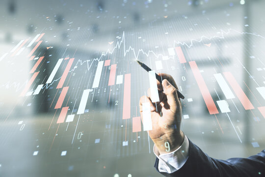 Man hand with pen working with abstract virtual global crisis chart and world map sketch on blurred office background, falling markets and collapse of global economy concept. Double exposure