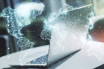 Multi exposure of abstract graphic world map on modern computer background, big data and networking concept