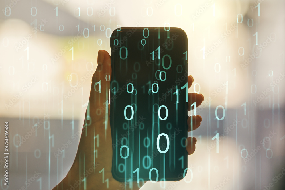 Poster creative abstract binary code hologram and hand with mobile phone on background, ai and machine lear