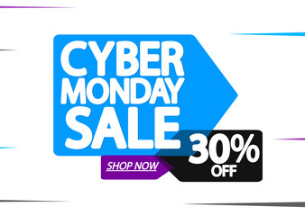Cyber Monday, Sale up to 30% off, banner design template, discount tag, clearance offer, vector illustration 