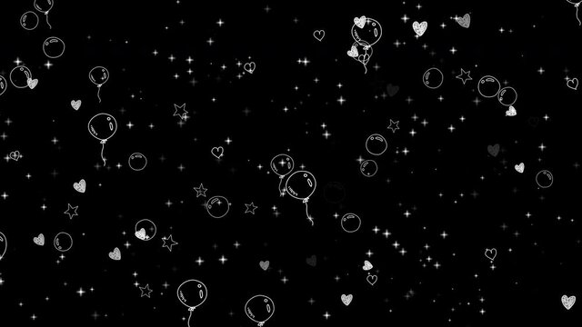 Looped comic doodle and scribble style balloons, hearts, stars, and bubbles on black background animation.