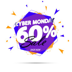 Cyber Monday, Sale up to 60% off, banner design template, discount tag, clearance offer, vector illustration 