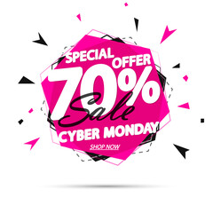 Cyber Monday, Sale up to 70% off, banner design template, discount tag, special offer, vector illustration 
