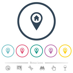 Home address GPS map location flat color icons in round outlines