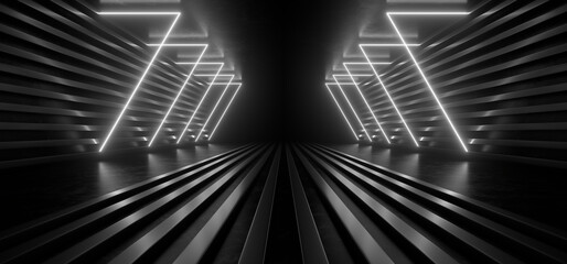 Dark corridor with white neon lights on a black background. 3d rendering image.