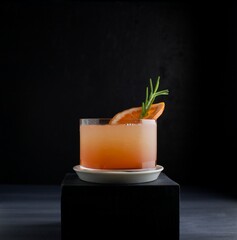 Gin grapefruit cocktail, rosemary garnish, isolated against a dark grey and black background
