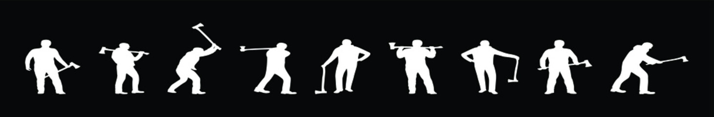 illustration of Man chopping wood silhouette icon design on black