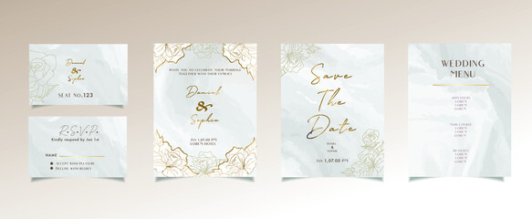 Wedding invitation card set ,abstract pink marble background with gold foil decoration minimal and luxury design, rsvp.