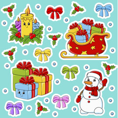 Set of stickers with cute cartoon characters. Christmas theme. Hand drawn. Colorful pack. Vector illustration. Patch badges collection. Label design elements. For daily planner, diary, organizer.