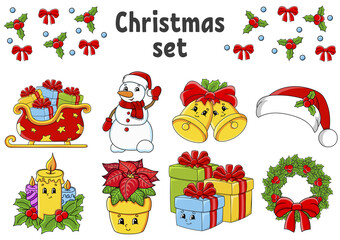 Fototapeta na wymiar Set of stickers with cute cartoon characters. Christmas theme. Hand drawn. Colorful pack. Vector illustration. Patch badges collection. Label design elements. For daily planner, diary, organizer.