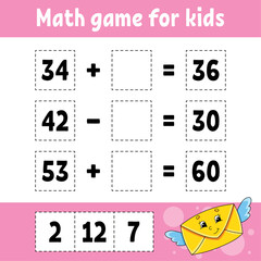 Math game for kids. Education developing worksheet. Activity page with pictures. Game for children. Valentine's Day. Color isolated vector illustration. Funny character. Cartoon style.