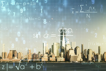 Scientific formula illustration on New York cityscape background, science and research concept. Multiexposure