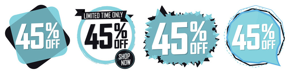 Set Sale 45% off banners, discount tags design template, promo app icons, vector illustration