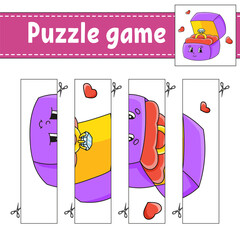 Puzzle game for kids. Cutting practice. Education developing worksheet. Valentine's Day. Activity page.Cartoon character.