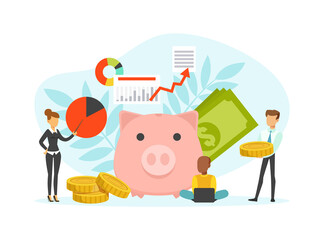 Tiny Business People and Huge Piggy Bank, Finance Investment and Planning Concept, Accounting and Auditing Service Flat Vector Illustration
