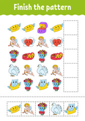 Finish the pattern. Cut and play. Education developing worksheet. Activity page. Valentine's Day. Cartoon character.