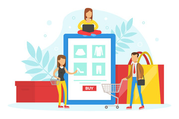 Tiny Customers Ordering and Buying Goods Using Mobile App, Online Shopping, E-commerce Concept Flat Vector Illustration
