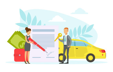 Tiny Car Salesman Giving New Car Key to Woman, Customer Signing Auto Insurance Document Flat Vector Illustration