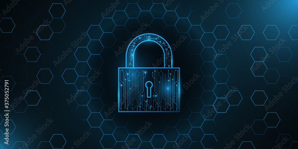 Poster a futuristic lock made from a computer circuit board. protected data. glowing cyber padlock on a bac