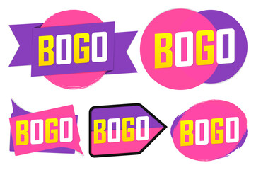 Set BOGO tags, sale banners design template, discount badge collection, vector illustration