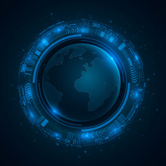 Futuristic planet Earth in abstract circular HUD interface on a dark blue background. World map with blue lights. Sci-fi and hi-tech design. World Network. Vector illustration.