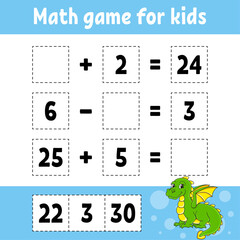 Math game for kids. Education developing worksheet. Activity page with pictures. Game for children. Color isolated vector illustration. Funny character. Cartoon style.