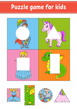 Puzzle game for kids. Cut and paste. Cutting practice. Learning shapes. Education worksheet. Circle, square, rectangle, triangle. Activity page.Cartoon character.