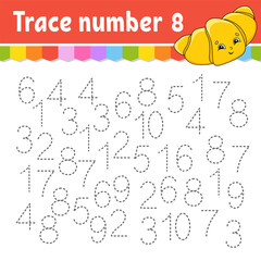 Trace number . Handwriting practice. Learning numbers for kids. Education developing worksheet. Activity page. Game for toddlers and preschoolers. Isolated vector illustration in cute cartoon style.