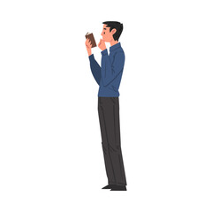 Side View of Young Man Reading Book while Standing, Male Student Character Studying or Preparing for Exam, Book Lover, Reader Cartoon Style Vector Illustration