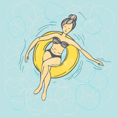Hand drawn woman swim on inflatable circle in pool.