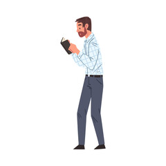 Guy Reading Book while Walking, Young Man Student Character Studying or Preparing for Exam, Book Lover, Literature Fan Cartoon Style Vector Illustration
