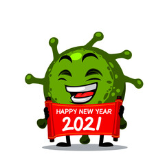 Vector Illustration of corona mascot or character holding red scroll and say happy new year