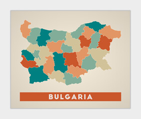 Bulgaria poster. Map of the country with colorful regions. Shape of Bulgaria with country name. Amazing vector illustration.