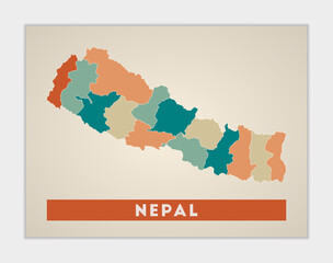 Nepal poster. Map of the country with colorful regions. Shape of Nepal with country name. Creative vector illustration.