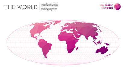 Polygonal world map. Bromley projection of the world. Red Purple colored polygons. Stylish vector illustration.
