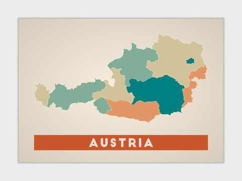 Austria poster. Map of the country with colorful regions. Shape of Austria with country name. Neat vector illustration.