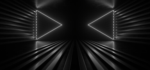 Obraz premium Dark corridor with white neon lights on a black background. 3d rendering image.