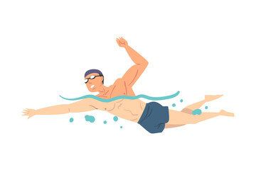 Fototapeta na wymiar Man in Swimming Pool, Person in Swimwear Performing Water Activities, Water Swim Sport Cartoon Style Vector Illustration