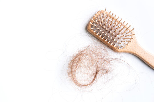 Top view of a brush with lost hair on it, hair fall everyday serious problem. Isolated on white background.