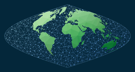 Global network. Sinusoidal projection. Green low poly world map with network background. Elegant connections map for infographics or presentation. Vector illustration.