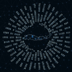 Flores digital map. Binary rays radiating around glowing island. Internet connections and data exchange design. Vector illustration.